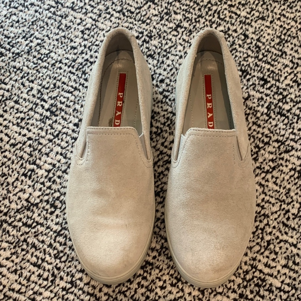 Prada Light Beige Suede Slip-On Sneakers with Red Insole Detail. Size 7